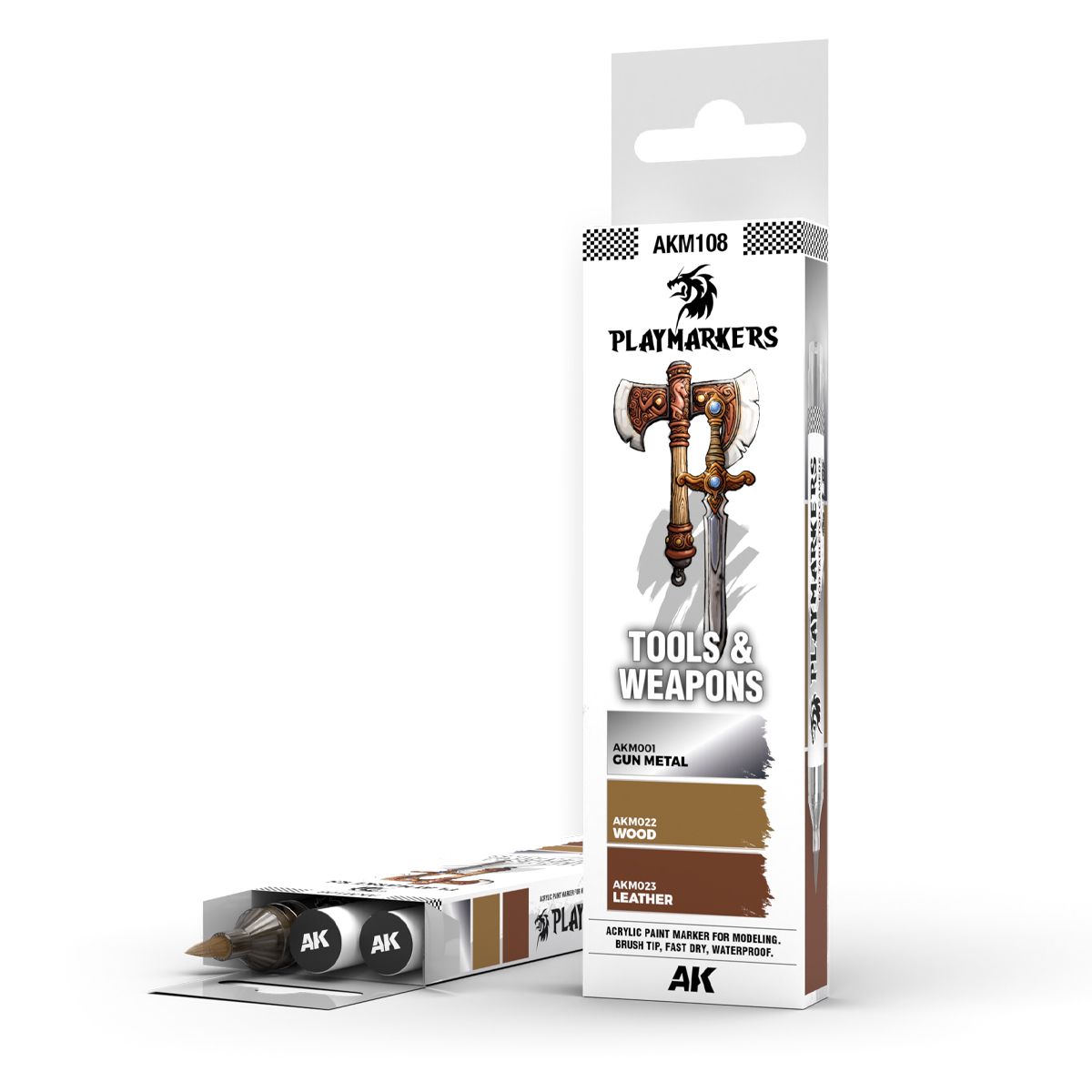 AK Playmakers "Tools & Weapons" acrylic paint marker set (Gun Metal, Wood, Leather) in retail box