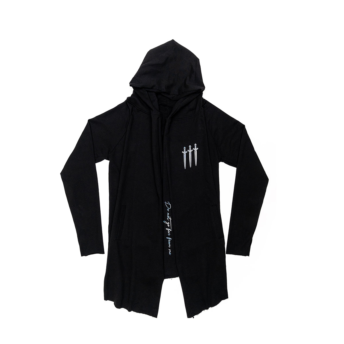 Black Vax'ildan hooded long cloak with three white swords & "Do not go far from me" text