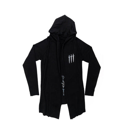 Black Vax'ildan hooded long cloak with three white swords & "Do not go far from me" text