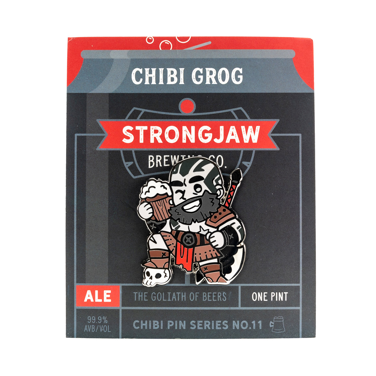 Chibi Pin No. 11 - Grog Strongjaw shows a winking, bearded warrior holding a frothy beer, on its branded backing card
