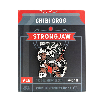 Chibi Pin No. 11 - Grog Strongjaw shows a winking, bearded warrior holding a frothy beer, on its branded backing card