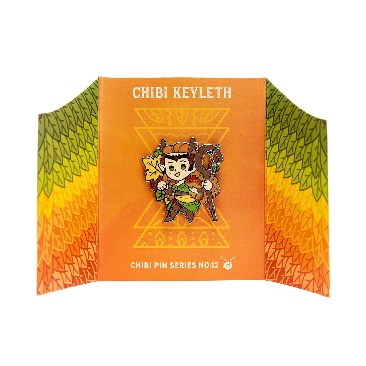 Chibi Pin No. 12 - Keyleth: a druid with antlers, autumn leaves, and a leafy staff, on an orange card
