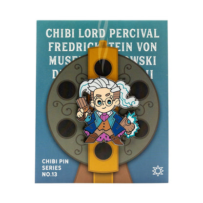 Chibi Lord Percival enamel pin No.13: White-haired character in a blue suit holding a pistol and a lightning device, on a film reel card