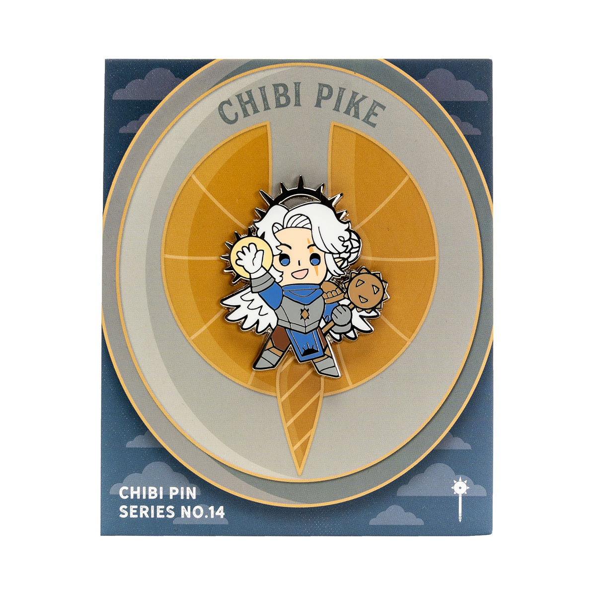Chibi Pike Trickfoot enamel pin No.14: a winged, armored character with white hair, holding a golden orb and mace