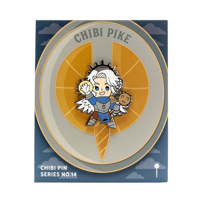 Chibi Pike Trickfoot enamel pin No.14: a winged, armored character with white hair, holding a golden orb and mace