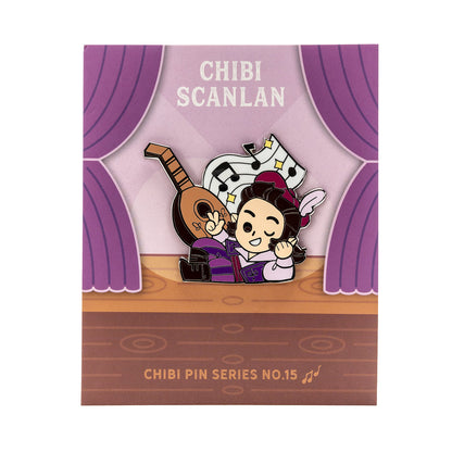 Chibi Scanlan Shorthalt enamel pin No.15: Winking character in purple with a lute and music notes on stage-themed packaging
