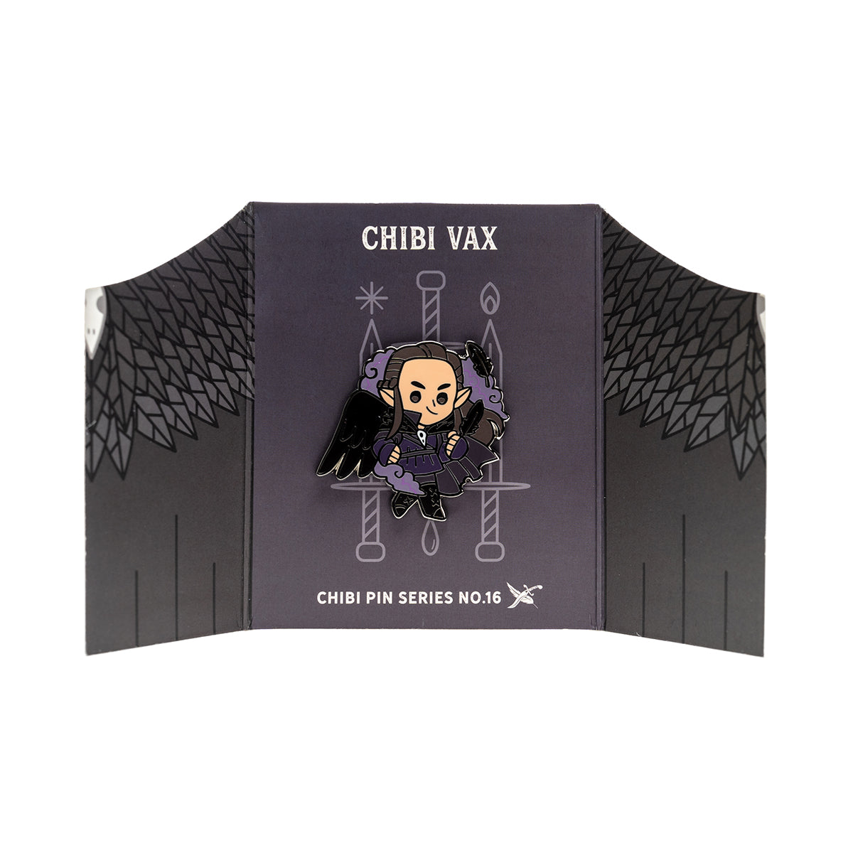 Chibi Vax'ildan enamel pin No.16: Dark-haired character with black wings and daggers floats on a purple display card