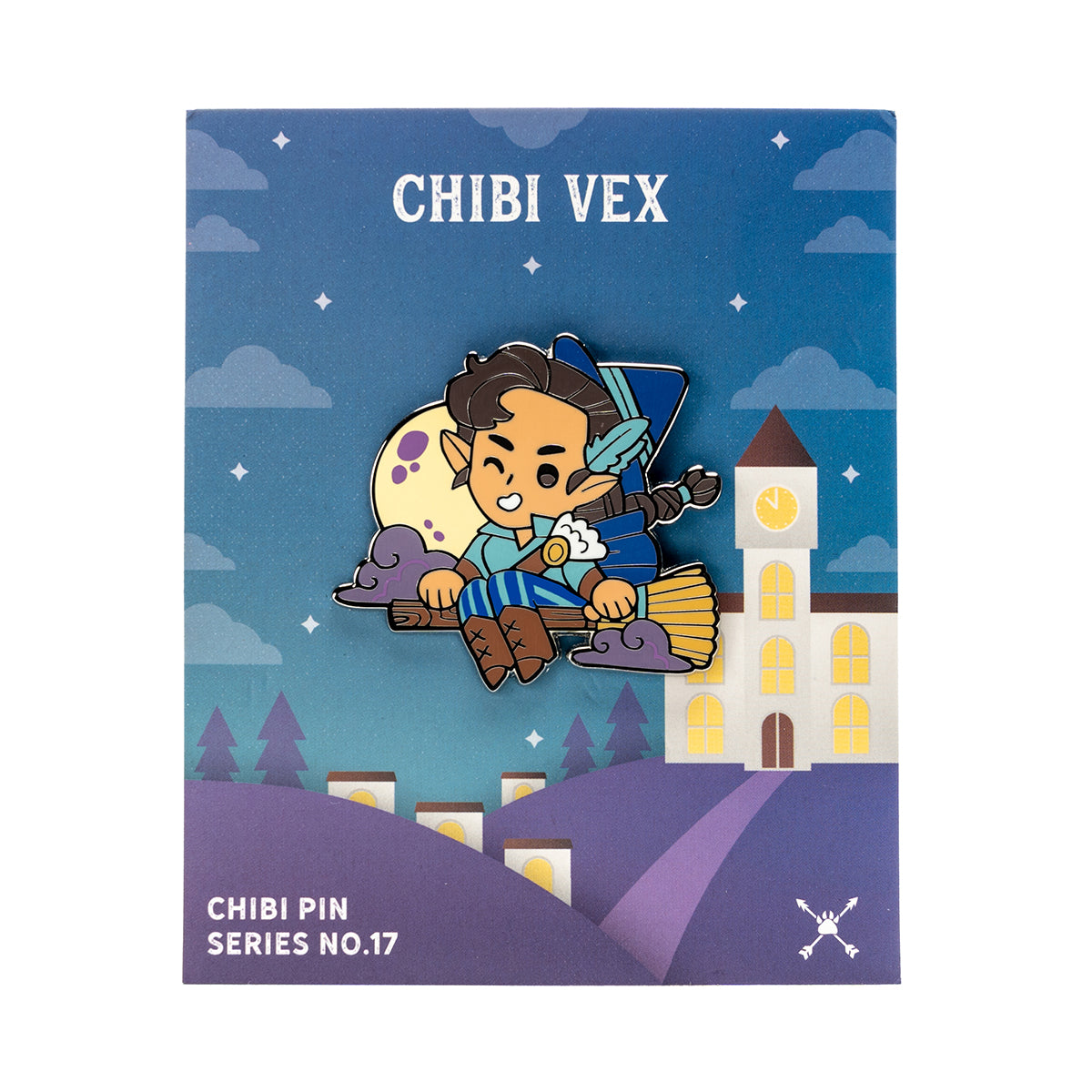 Chibi Vex'ahlia enamel pin No.17: An elf-like character winking, riding a broomstick over a moonlit town at night