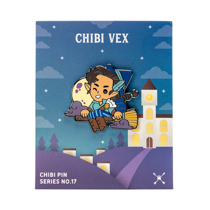 Chibi Vex'ahlia enamel pin No.17: An elf-like character winking, riding a broomstick over a moonlit town at night