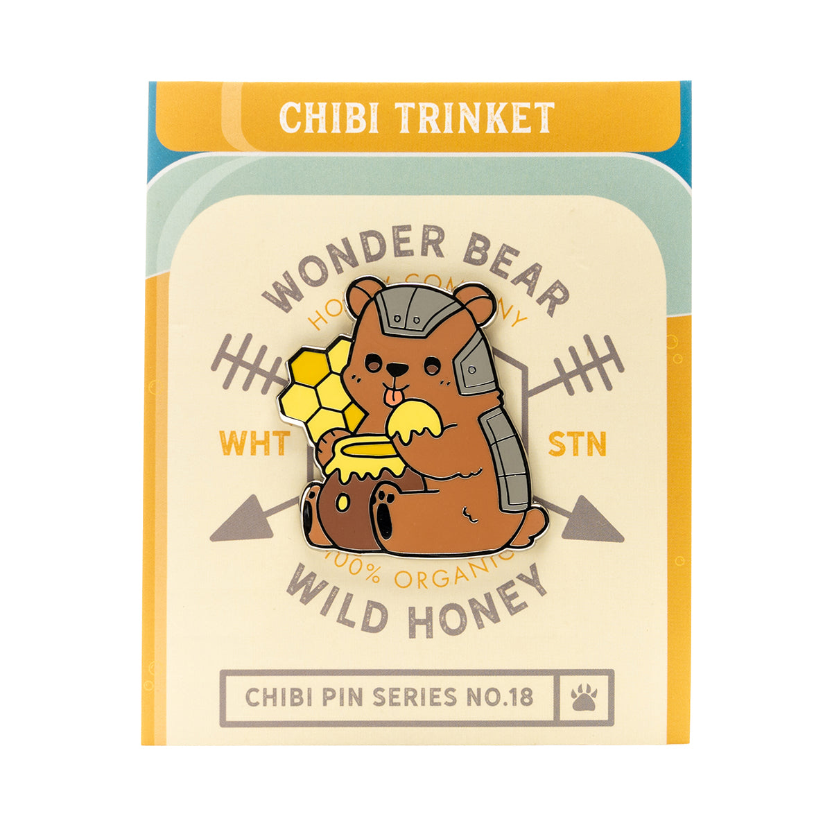 Chibi Trinket enamel pin No.18: armored brown bear holding honeycomb and honey pot, tongue out. On its backing card