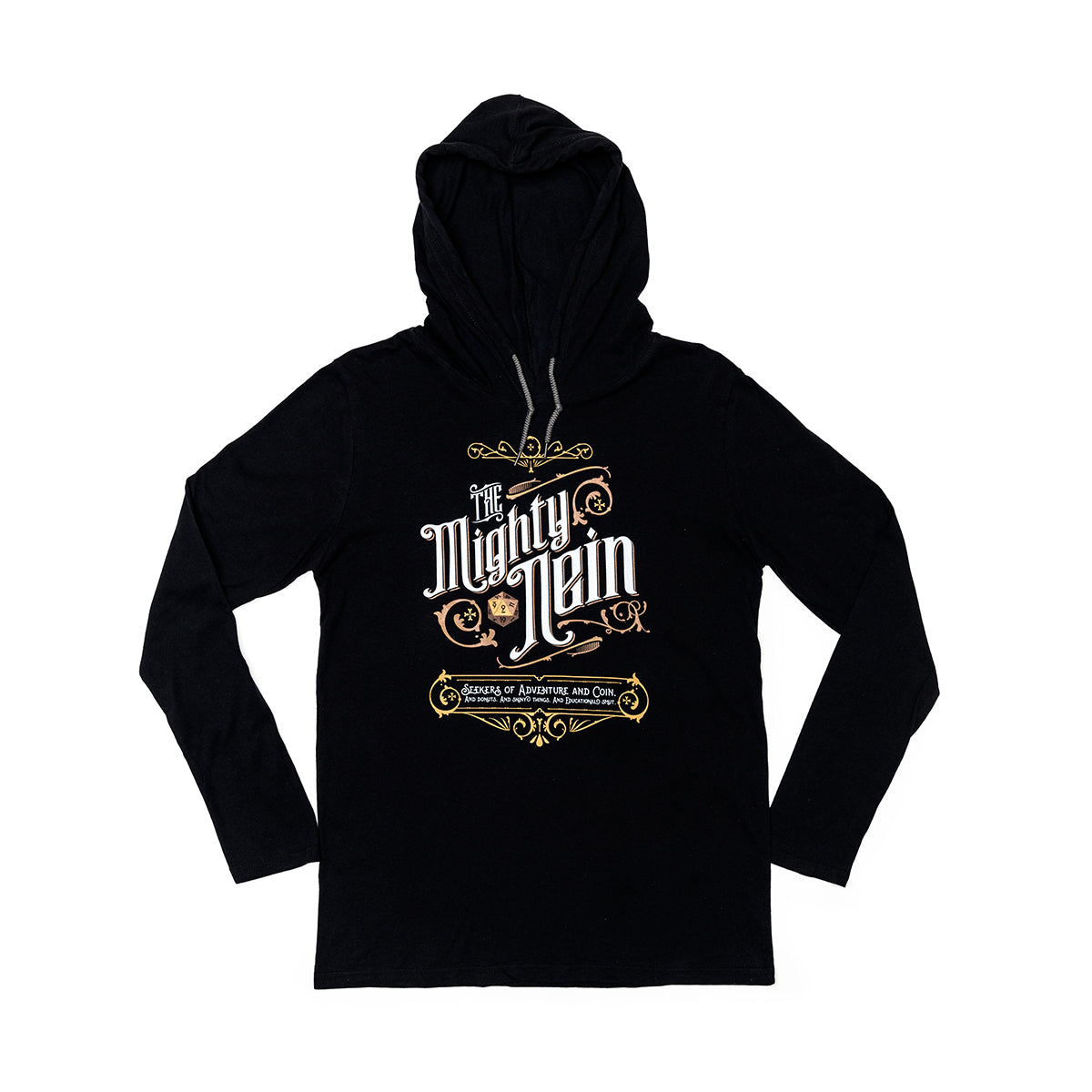 Black hoodie featuring a gold & white graphic: 'The Mighty Nein' with fantasy elements and text. White background