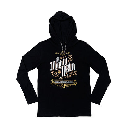 Black hoodie featuring a gold & white graphic: 'The Mighty Nein' with fantasy elements and text. White background