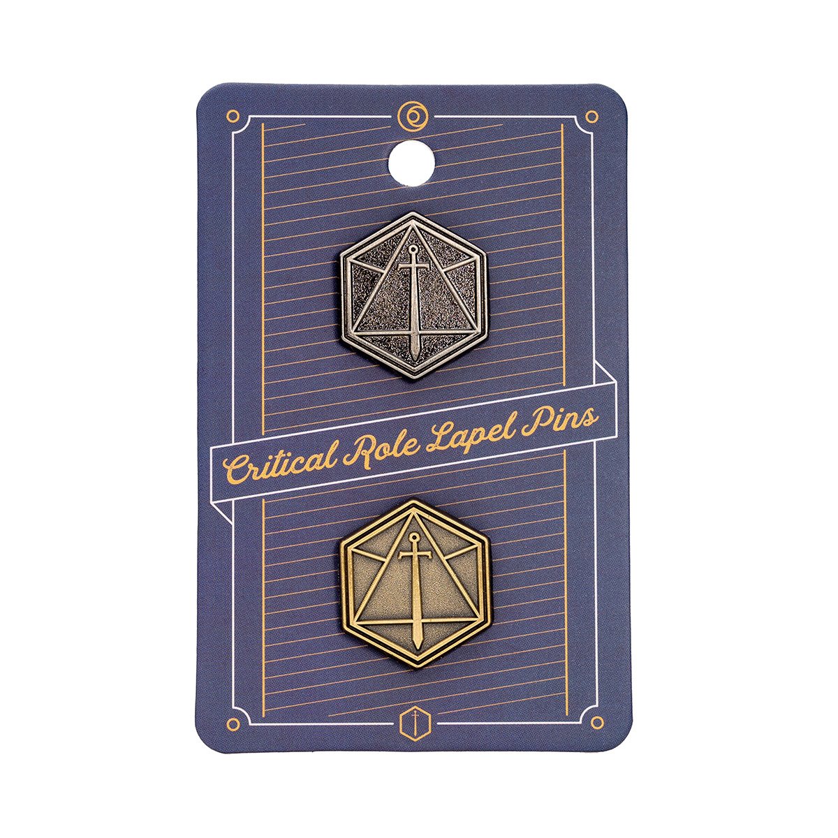 Two Critical Role lapel pins: silver and gold, hexagonal with a sword and d20 design on a display card