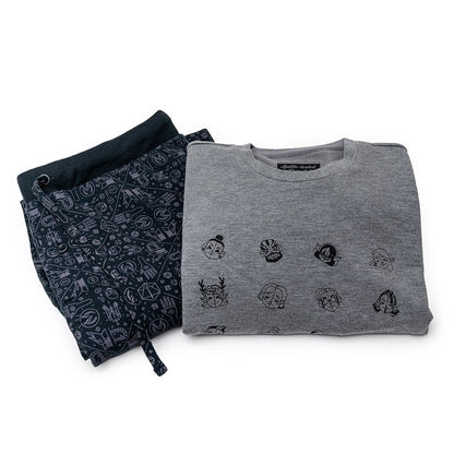 Folded grey Ultra Soft lounge set with character faces and dark patterned sweatpants featuring gaming symbols, on a white background