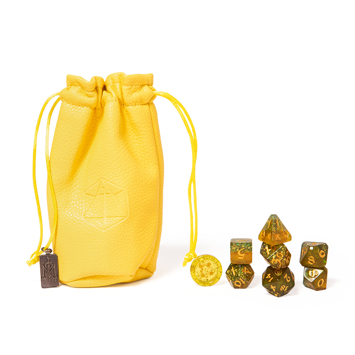 Yellow leather dice bag with a logo, gold coin, and translucent green-gold polyhedral dice set