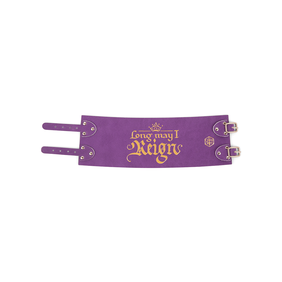 A purple tankard wrap with gold "Long may I Reign" text, crown, and D20 symbol, featuring buckle straps