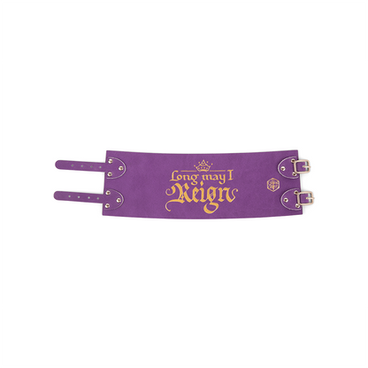 A purple tankard wrap with gold "Long may I Reign" text, crown, and D20 symbol, featuring buckle straps