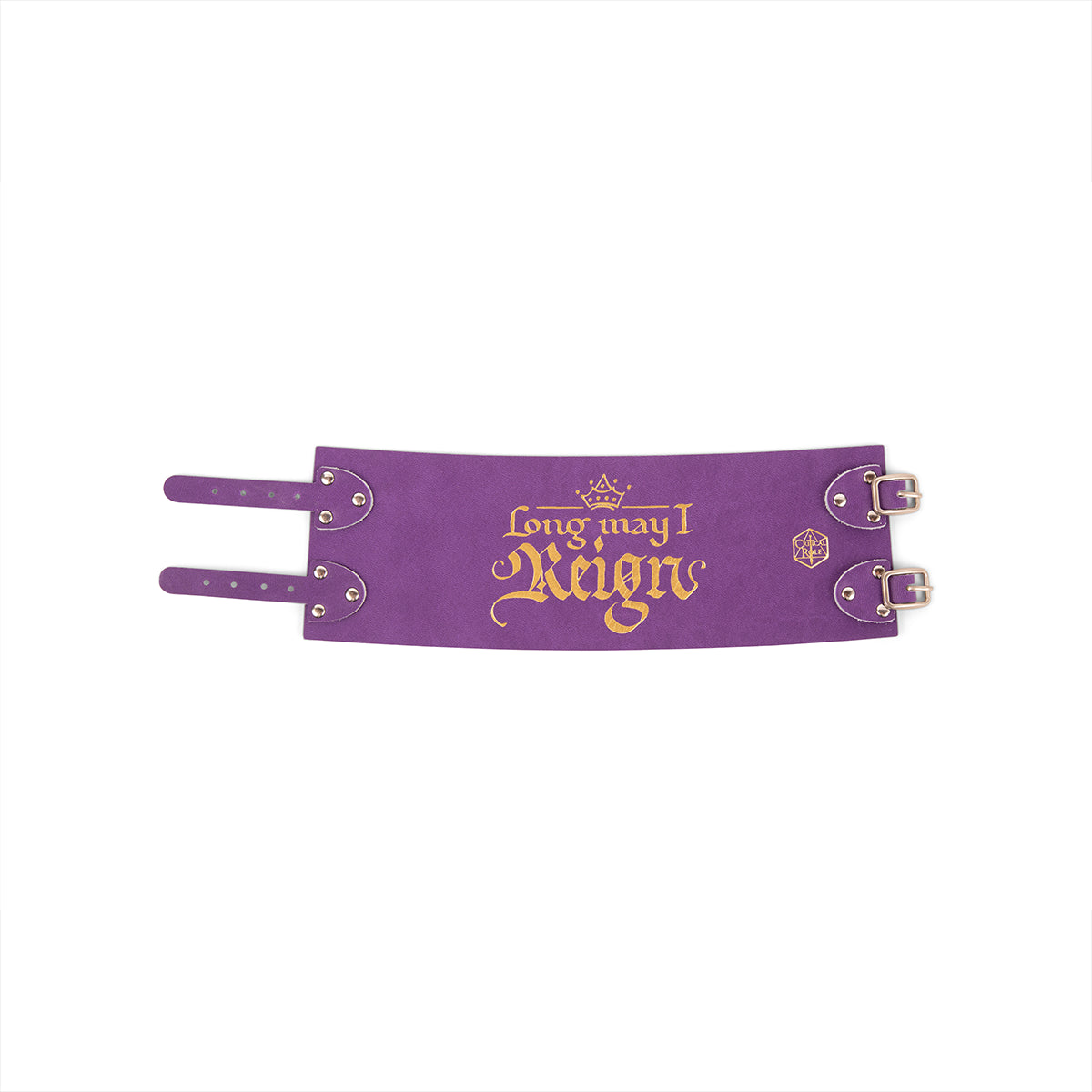 A purple tankard wrap with gold "Long may I Reign" text, crown, and D20 symbol, featuring buckle straps