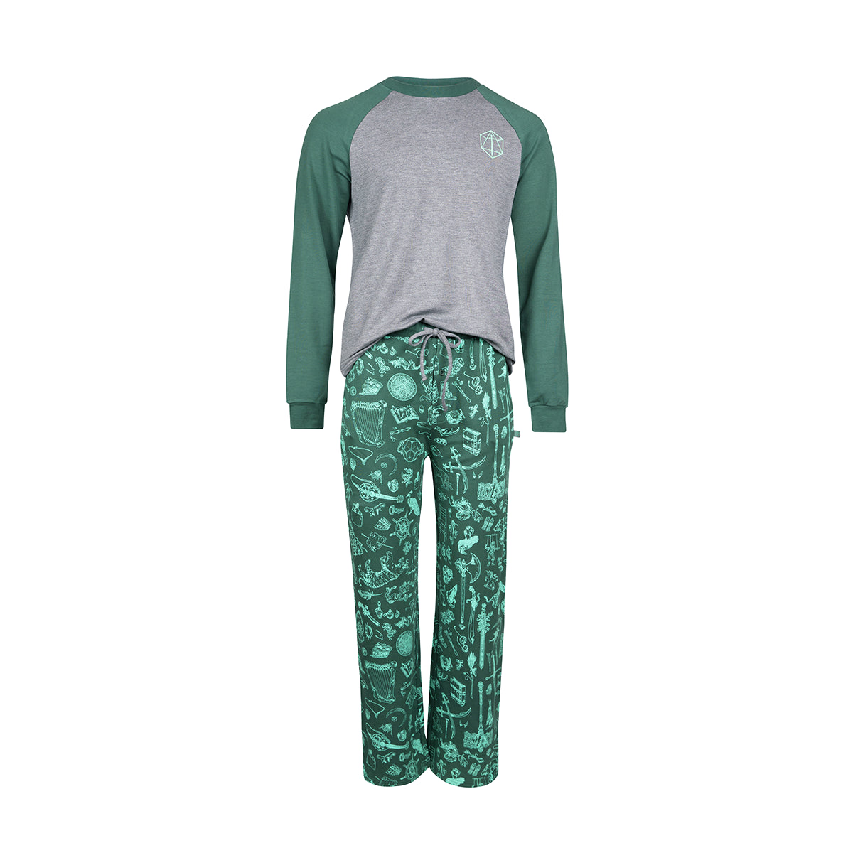 Green and grey long-sleeve Ultra Soft pajama lounge set featuring a D20 symbol on the shirt and fantasy item patterns on the pants