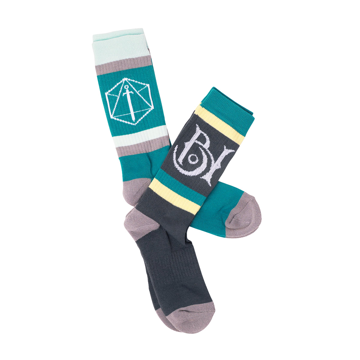 A pair of colourful Bells Hells Retro Crew socks. One teal, with a white sword in a hexagon; the other dark grey, with a white 'BY' logo