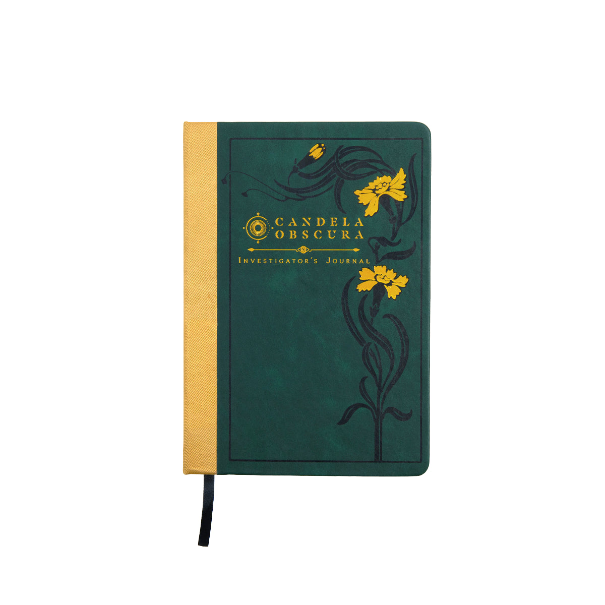 A dark green "Candela Obscura Investigator's Journal" with a gold spine, yellow floral art, and a black ribbon bookmark