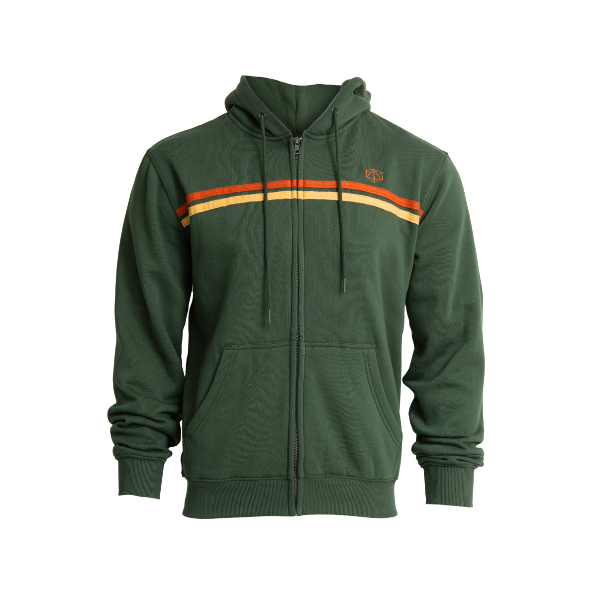 Dark green full-zip Critical Role Retro hoodie featuring horizontal orange and yellow stripes, a small chest logo, drawstring hood, and front pockets