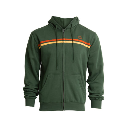 Dark green full-zip Critical Role Retro hoodie featuring horizontal orange and yellow stripes, a small chest logo, drawstring hood, and front pockets