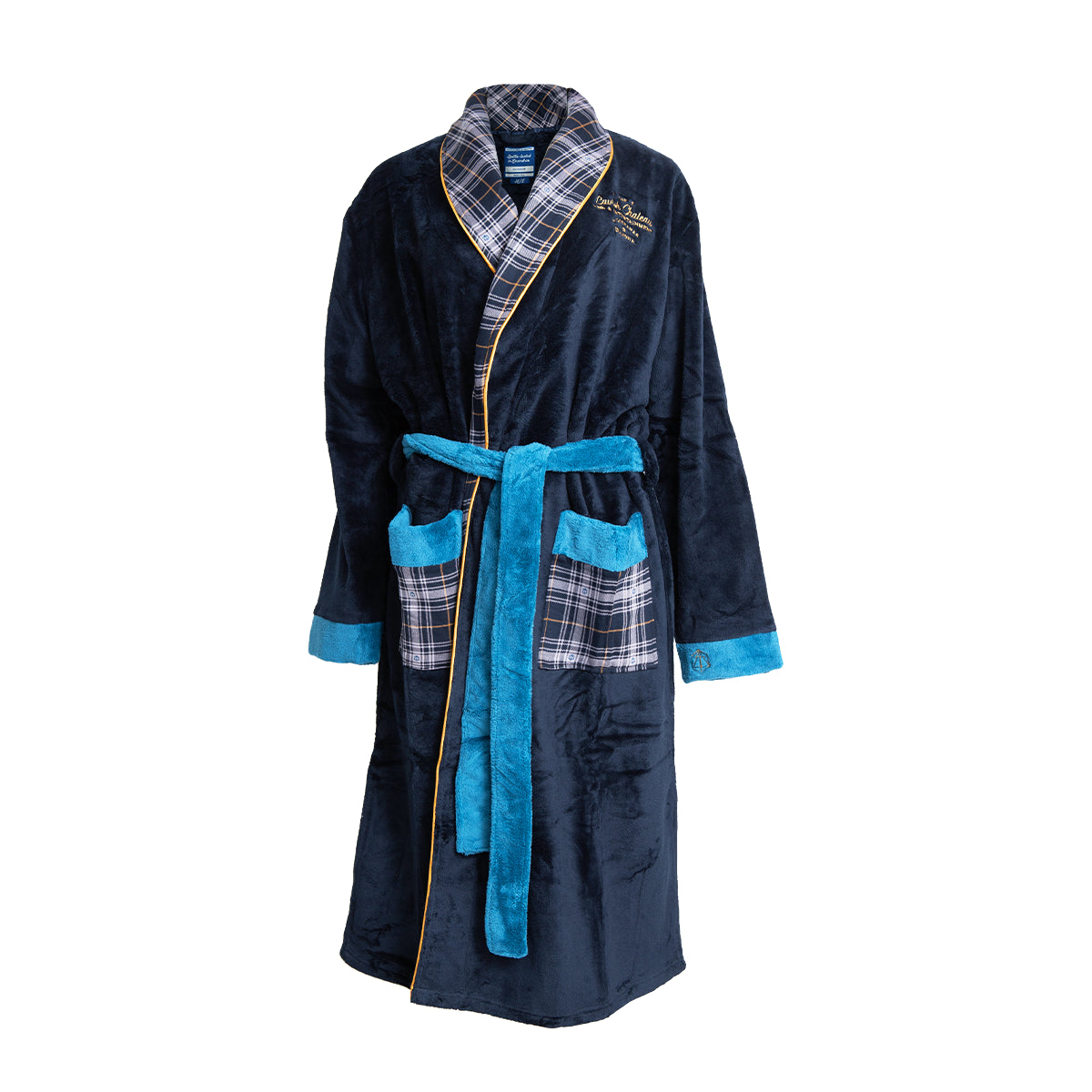 Navy blue lavish chateau bathrobe with plaid collar, teal belt and cuffs, and yellow trim, presented on a white background