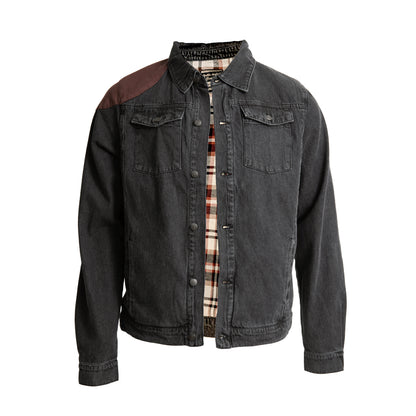 Dark grey denim jacket with brown shoulder patches, partially unbuttoned to reveal a plaid lining