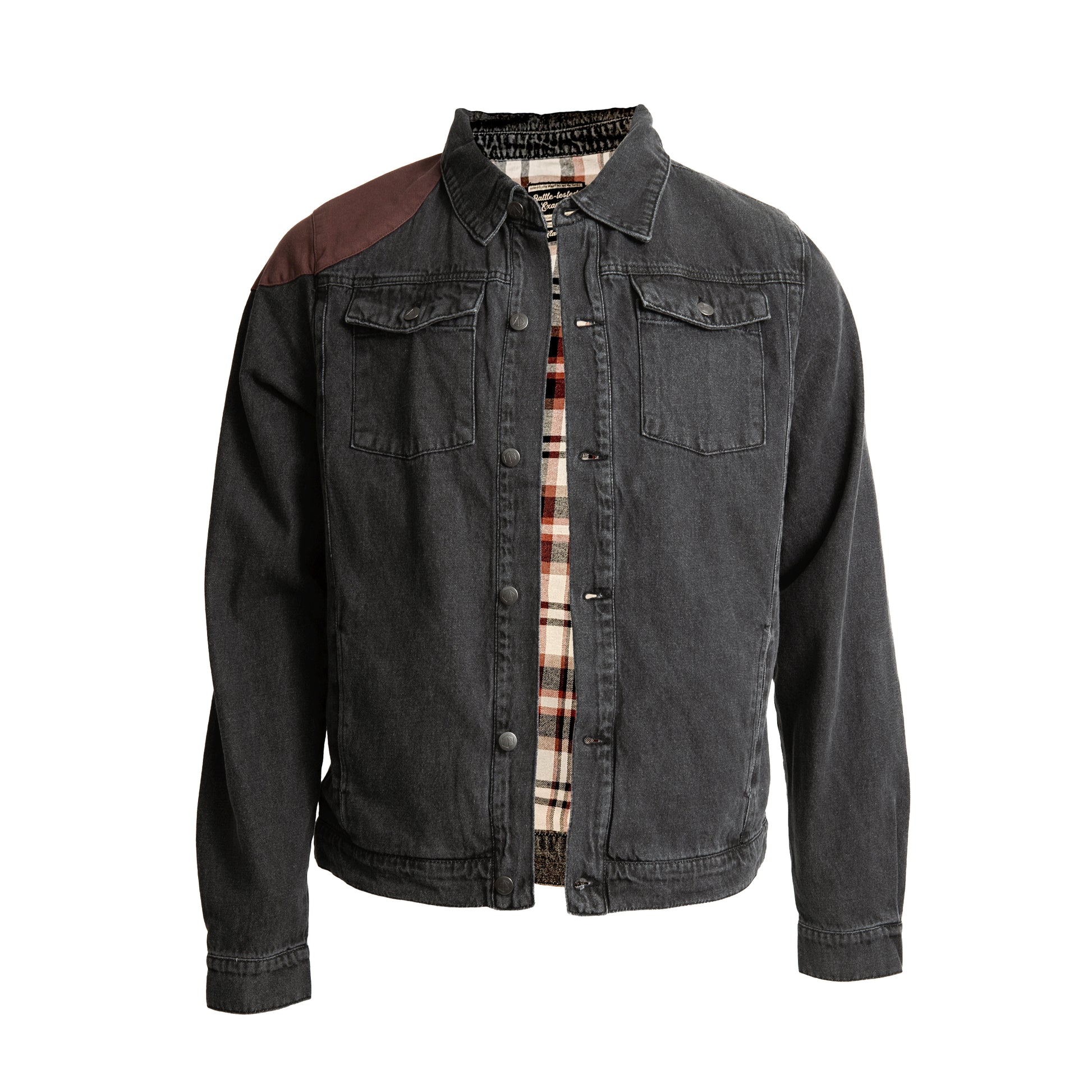 Dark grey Grog Strongjaw Flannel Lined Denim Shirt Jacket with brown shoulder patches, partially unbuttoned to reveal a plaid lining