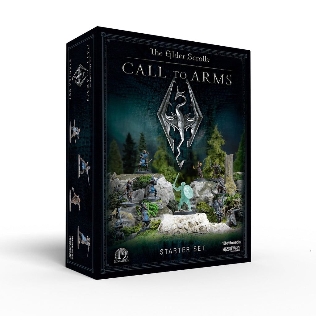 The Elder Scrolls: Call to Arms Starter Set box with dragon logo and miniatures battling on a forest terrain