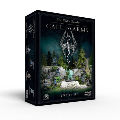 The Elder Scrolls: Call to Arms Starter Set box with dragon logo and miniatures battling on a forest terrain