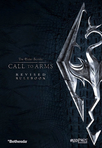 The Elder Scrolls Call to Arms Revised Rulebook cover: metallic dragon head and wings logo on a dark, textured background
