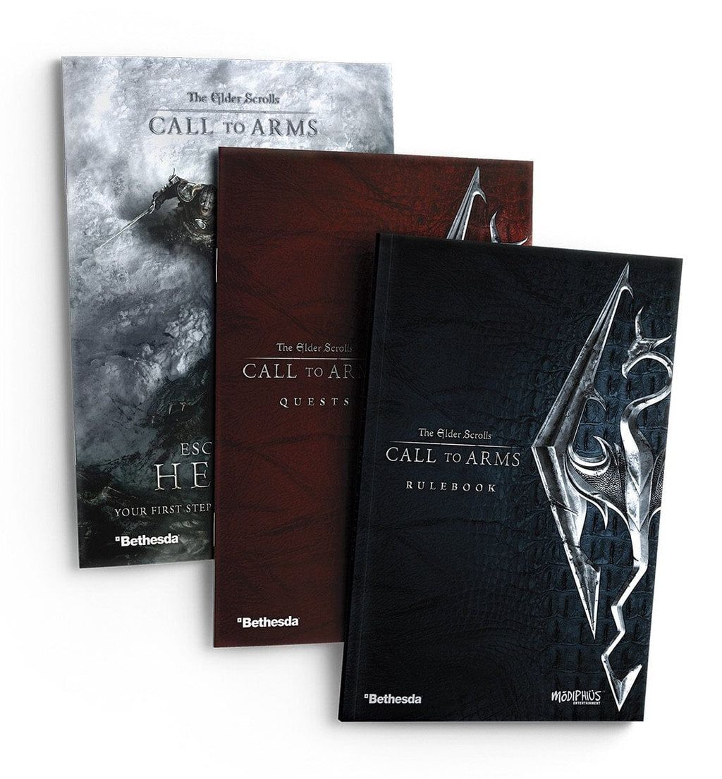 Three "The Elder Scrolls: Call to Arms" manuals, fanned out. Features a warrior guide, quests book, and a rulebook with the Skyrim logo