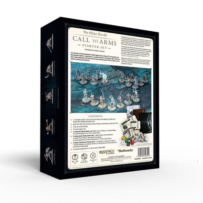 The Elder Scrolls: Call to Arms Starter Set box with fantasy miniatures battling on a tabletop, plus game components