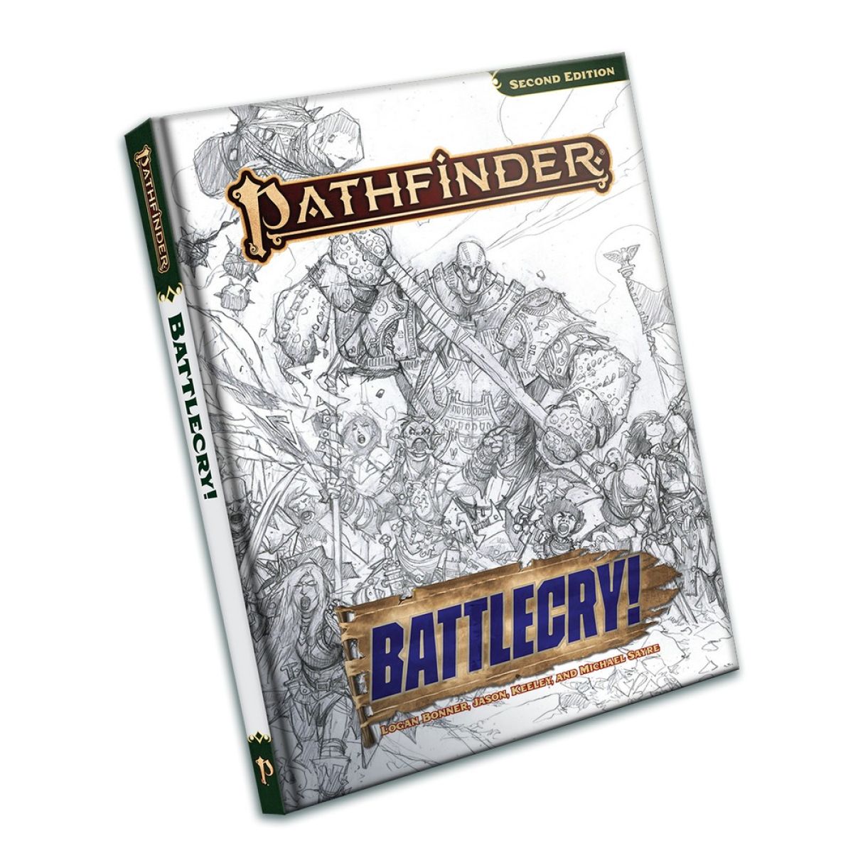 Pathfinder BATTLECRY! book cover. B&W sketch of a giant armored warrior swinging a hammer over smaller heroes