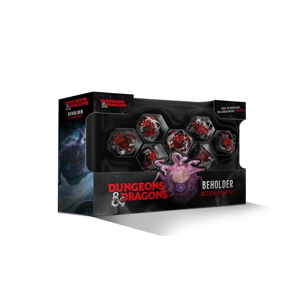 Dungeons & Dragons "Beholder" Inclusion Dice Set box, featuring seven dice with tiny red Beholder inclusions