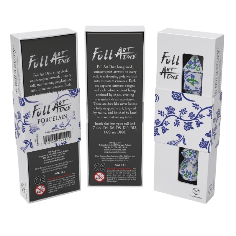 Three Full Art Porcelain RPG Dice Set boxes with white and blue floral patterns, one open to show white dice with blue and green designs