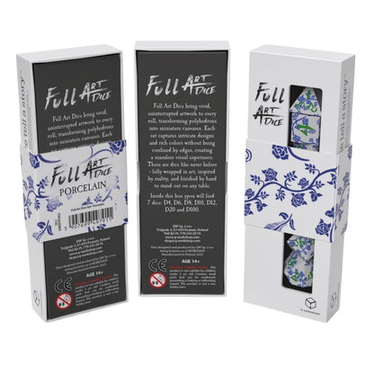 Three Full Art Porcelain RPG Dice Set boxes with white and blue floral patterns, one open to show white dice with blue and green designs