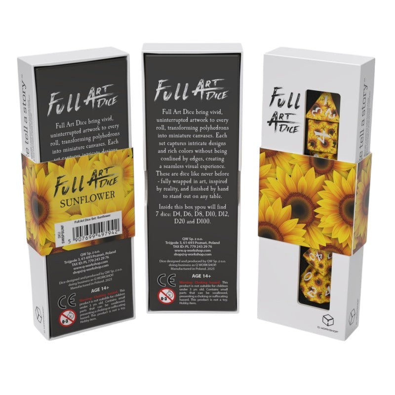 The image shows three white boxes for the Full Art Sunflower RPG Dice Set, adorned with sunflower art and revealing some yellow dice