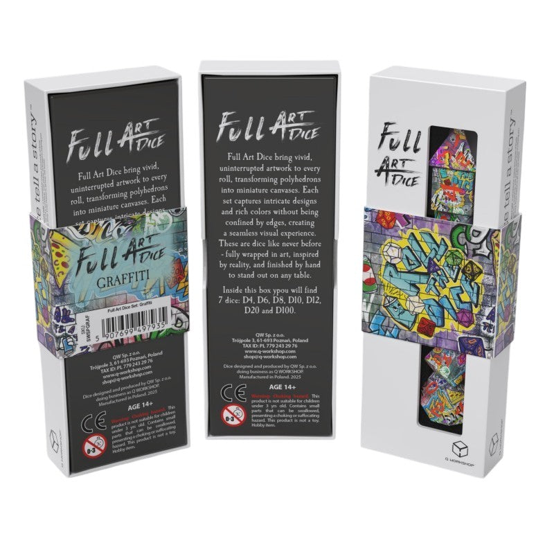 Three Full Art Dice Graffiti boxes displaying colorful art and visible polyhedral dice