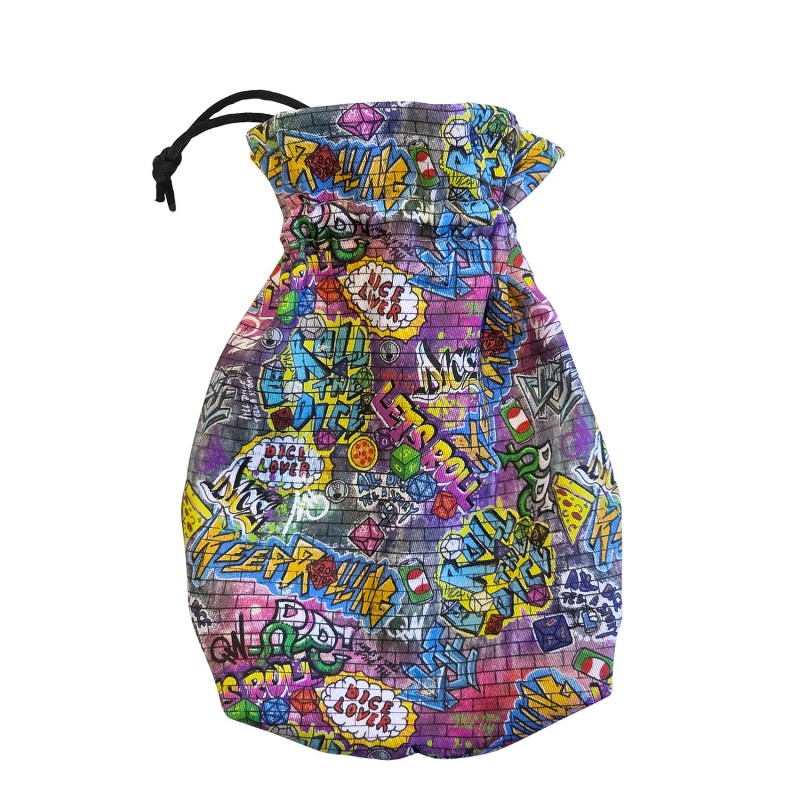 Graffiti-patterned drawstring bag featuring dice, pizza, spray cans and &quot;DICE LOVER&quot; text.