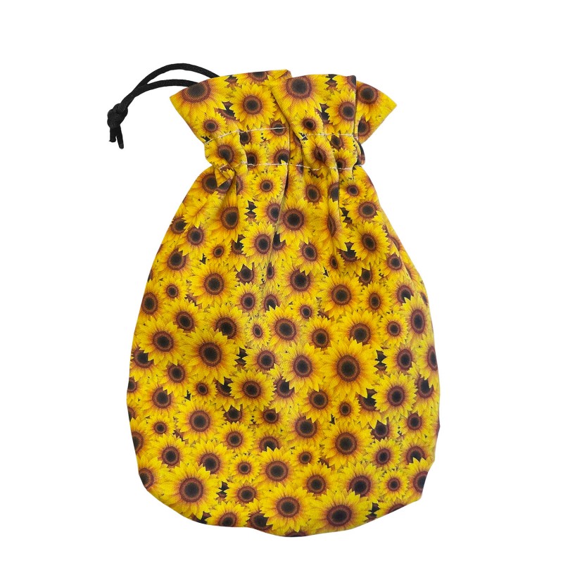 Yellow fabric drawstring pouch with an all-over sunflower print, cinched closed.