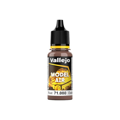 Vallejo Model Air Rust (71.080) paint in a brown dropper bottle with a black cap, on white