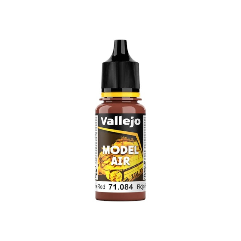 Vallejo Model Air Fire Red 71.084 in a clear dropper bottle, showing brown paint, with a black cap