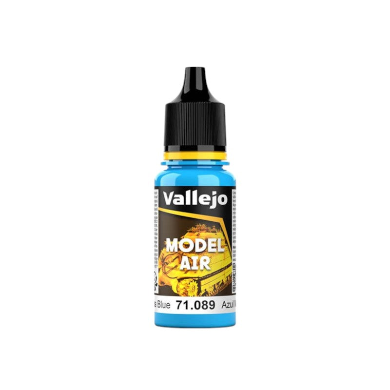 A blue bottle of Vallejo Model Air paint with a black dropper top, a yellow label showing a tank, and text for blue color 71.089