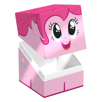 A light pink Ultimate Guard Squaroe storage box featuring Pinkie Pie's smiling face on the slightly open lid, revealing its white interior and a balloon design on the base