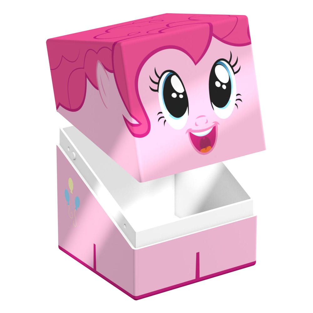 A light pink Ultimate Guard Squaroe storage box featuring Pinkie Pie&#39;s smiling face on the slightly open lid, revealing its white interior and a balloon design on the base