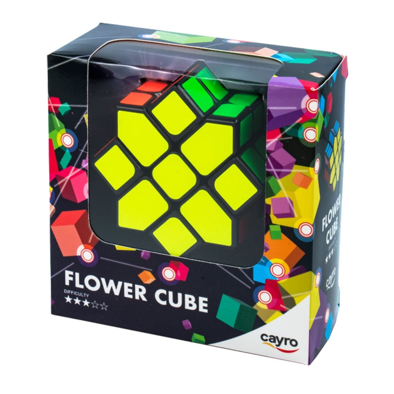 Packaged Flower Cube shape puzzle, a black and neon yellow speed cube variant by Cayro, displayed in a colourful retail box