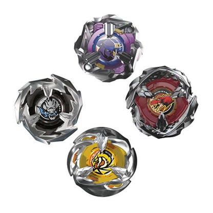 Four colourful Beyblade spinning tops with distinct animal and character emblems